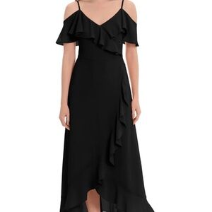 Black Cold-Shoulder Ruffle Maxi Dress- hi lo hem